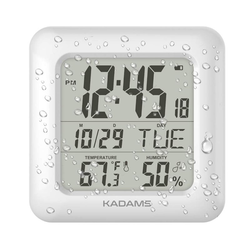 KADAMS Bathroom Clock 9.5" Kitchen Wall Clock with Large LCD Screen â€“ Shower Clock with Suction Cup,Temperature, Humidity, Calendar â€“ Water-Resistant, 4 Mounting Options, White - Image 1